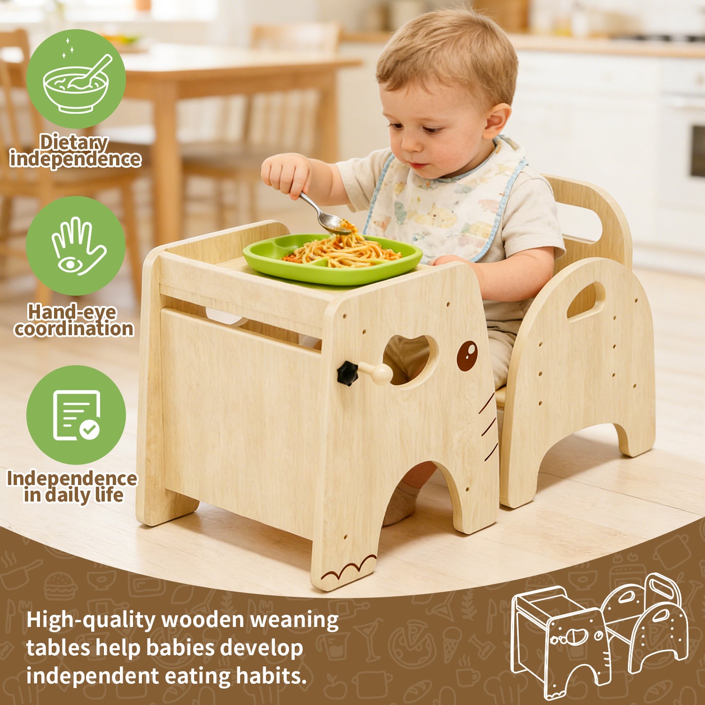 Montessori Weaning Table and Chair Set, Adjustable Design, Elephant Theme Wooden Toddler Table and Chair Set for Toddlers 1-3, Ideal for Mealtime, Learning and Play, Kids Montessori Furniture