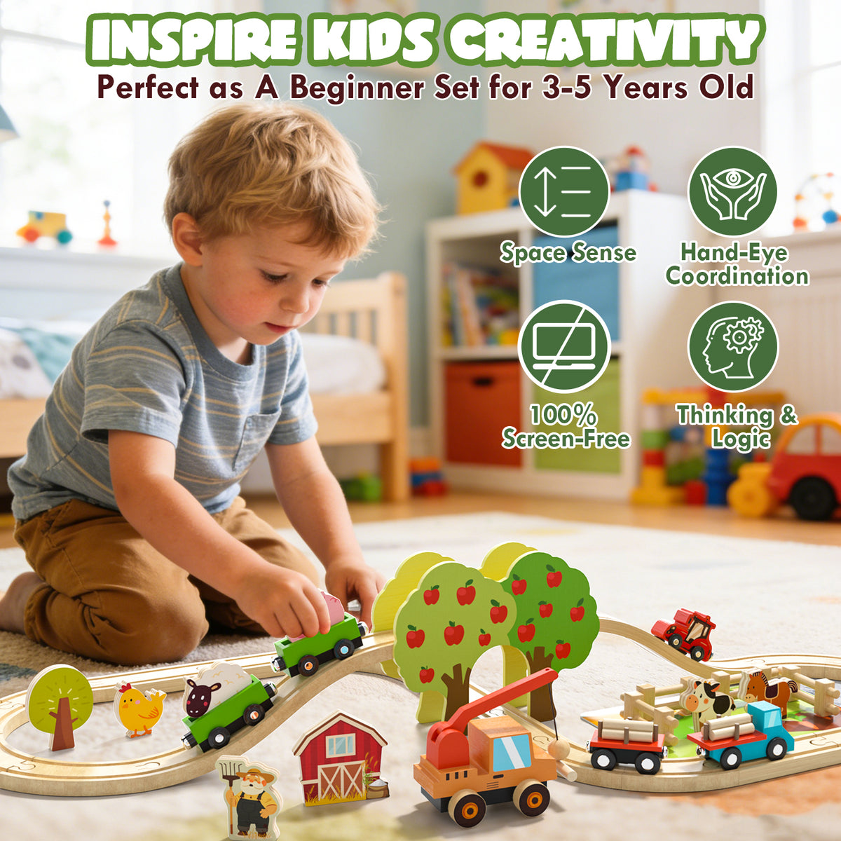 Train Set, Wooden Train Set for Kids, Train Toys for Toddlers, Toy Train with Train Tracks, Wooden Farm Toys for Kids 2 3 4 5+ Years Old, Great Gift for Boys Girls - Compatible with Other Brands