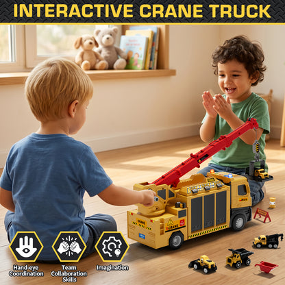 Crane Toy, Construction Truck for Boys 2 3 6 Years, Construction Vehicle Toy Car for Toddlers, Include Launch Mode, Powerful Storage, 6 Alloy Construction Vehicles, Best Birthday Christmas Gifts