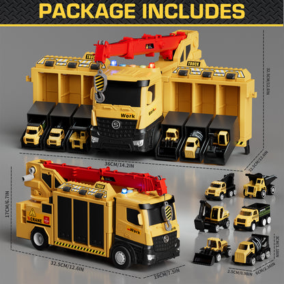 Crane Toy, Construction Truck for Boys 2 3 6 Years, Construction Vehicle Toy Car for Toddlers, Include Launch Mode, Powerful Storage, 6 Alloy Construction Vehicles, Best Birthday Christmas Gifts