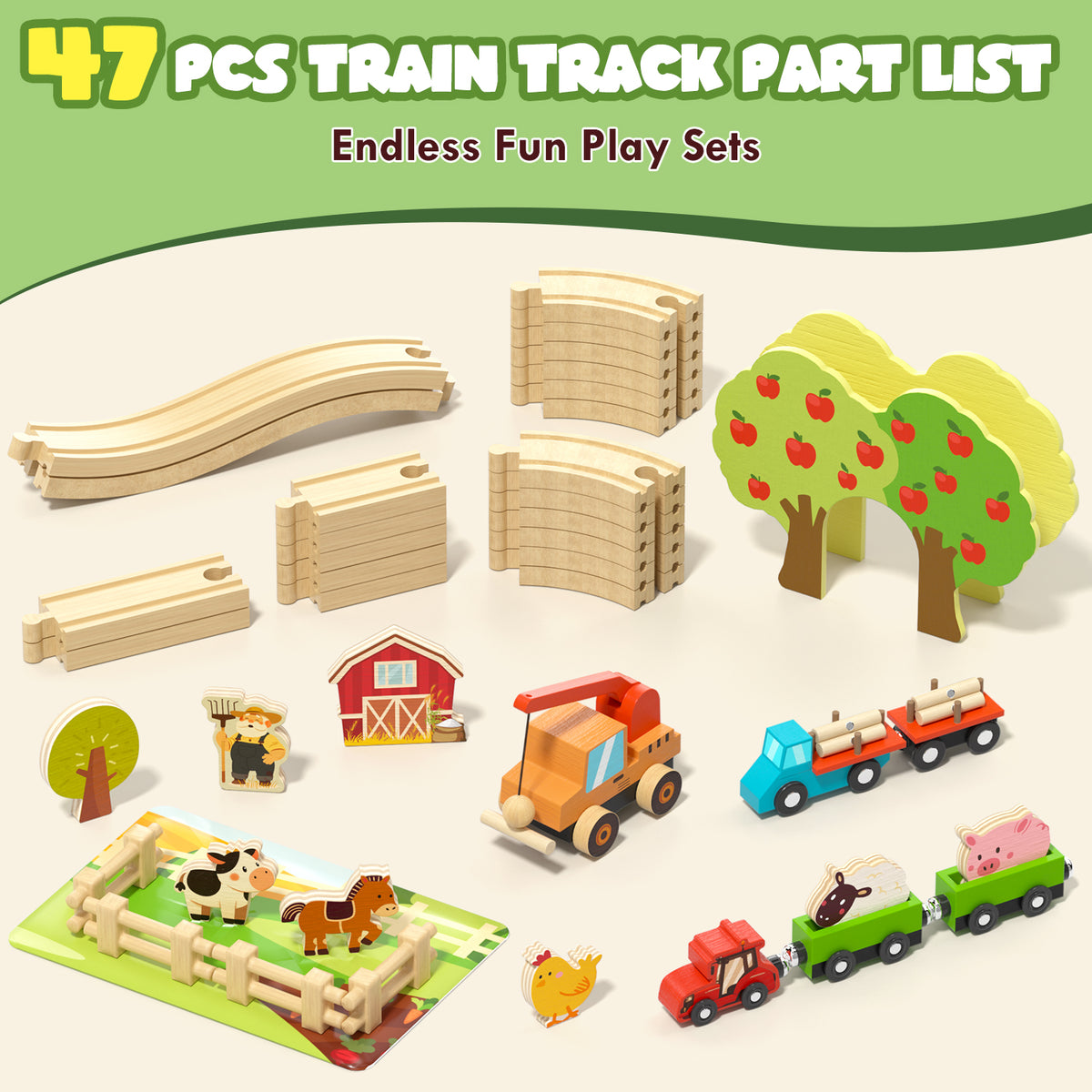 Train Set, Wooden Train Set for Kids, Train Toys for Toddlers, Toy Train with Train Tracks, Wooden Farm Toys for Kids 2 3 4 5+ Years Old, Great Gift for Boys Girls - Compatible with Other Brands
