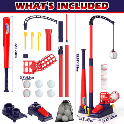 3 in 1 T Ball Set Toys for Kids 3-8, Kids Baseball Toys Includes 6 Balls, Tee Ball Set for Kids Age 3+, Toddler Baseball Game Sports & Outdoors Toys, Auto Ball Launcher & Storage Bag