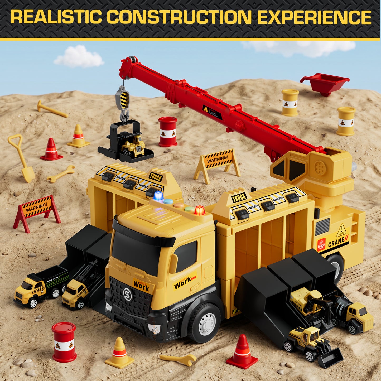 Crane Toy, Construction Truck for Boys 2 3 6 Years, Construction Vehicle Toy Car for Toddlers, Include Launch Mode, Powerful Storage, 6 Alloy Construction Vehicles, Best Birthday Christmas Gifts