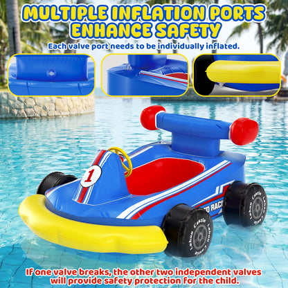 Pool Floats for Kids, Inflatable Kids Pool Floats with Water Blaster & Steering Wheel with "Bibi" Sound, Swimming Pool Water Toys for Kids Ages 3-6, Blow Up Toddler Pool Floats, Fun Go-karts Theme