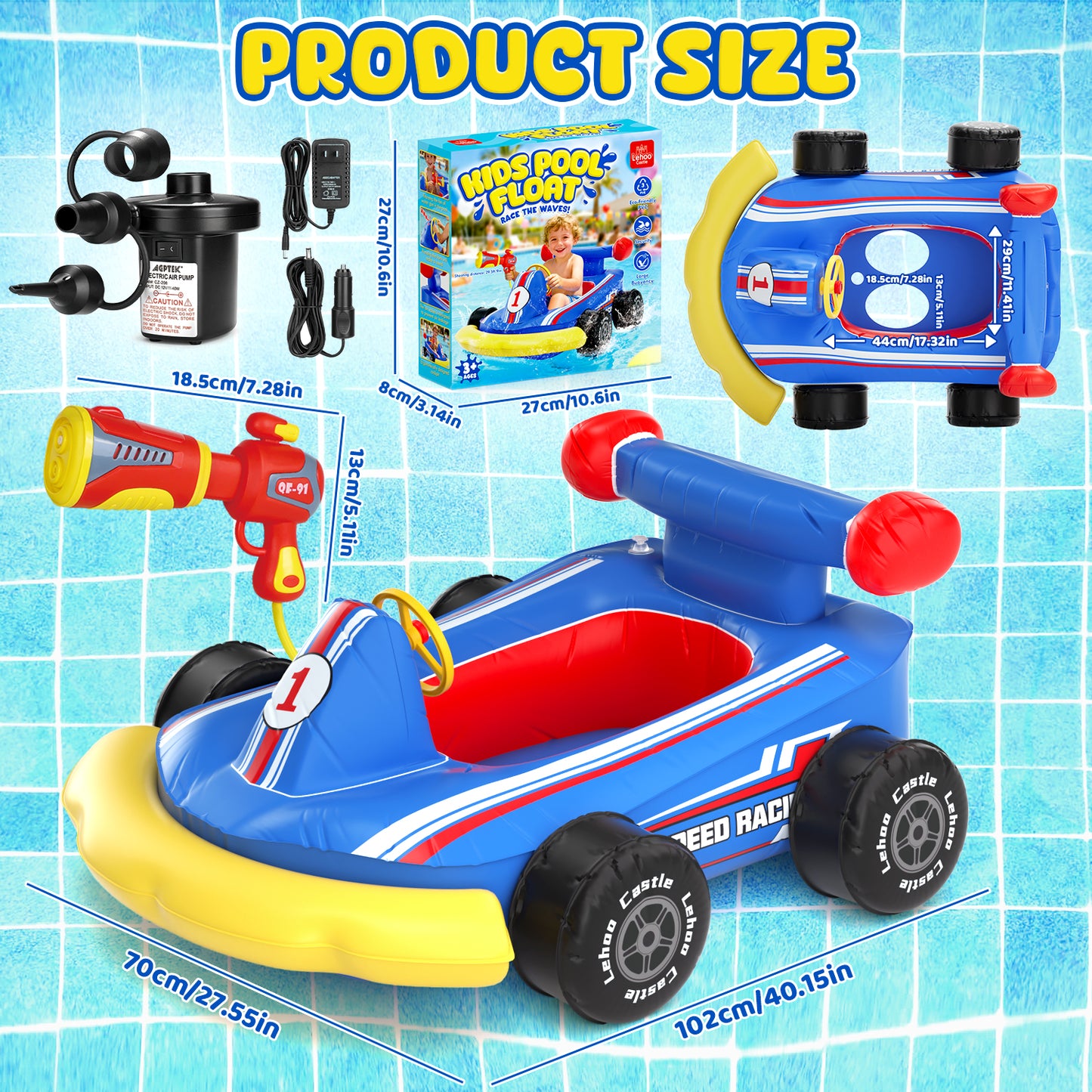 Pool Floats for Kids, Inflatable Kids Pool Floats with Water Blaster & Steering Wheel with "Bibi" Sound, Swimming Pool Water Toys for Kids Ages 3-6, Blow Up Toddler Pool Floats, Fun Go-karts Theme