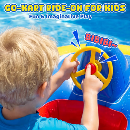 Pool Floats for Kids, Inflatable Kids Pool Floats with Water Blaster & Steering Wheel with "Bibi" Sound, Swimming Pool Water Toys for Kids Ages 3-6, Blow Up Toddler Pool Floats, Fun Go-karts Theme