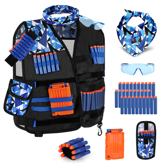 Kids Tactical Vest Kit for Shooting Target for Nerf Game for Boys Girls, with 30 Refill Darts, Protective Glasses, Tactical Mask, Dart Pouch, Reload Clips and Wrist Band