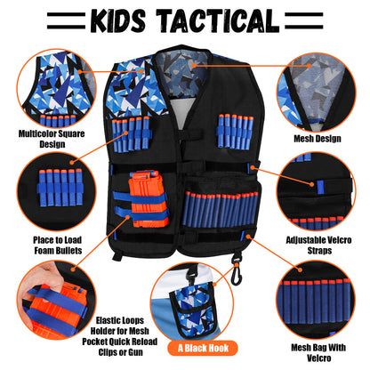 Kids Tactical Vest Kit for Shooting Target for Nerf Game for Boys Girls, with 30 Refill Darts, Protective Glasses, Tactical Mask, Dart Pouch, Reload Clips and Wrist Band