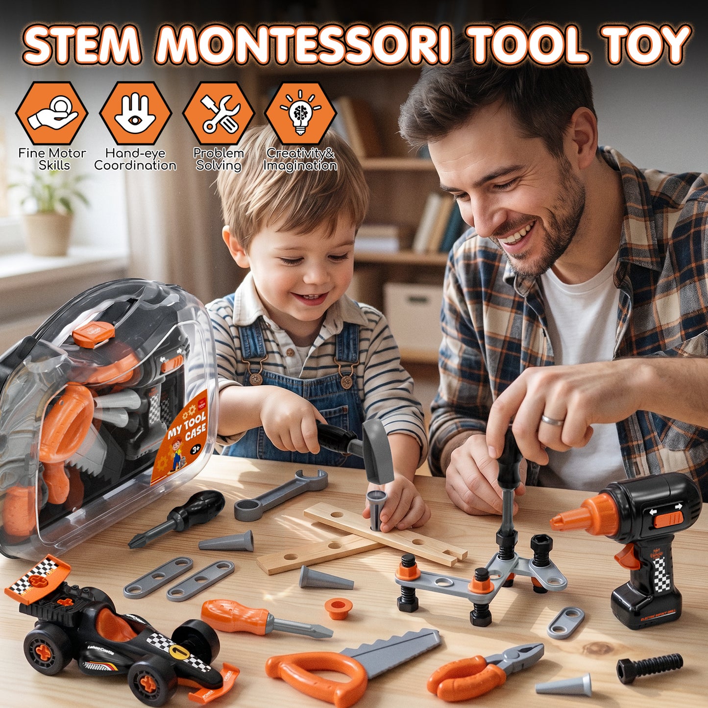 Toys for 2 Year Old Boys, Kids Tool Set, Toolbox Set for Kids, Includes Realistic Tools & Electric Drill & Take Apart Toy Racing Cars, Educational Learning Toys for Boys Age 2 3 4 5 Birthday Gifts