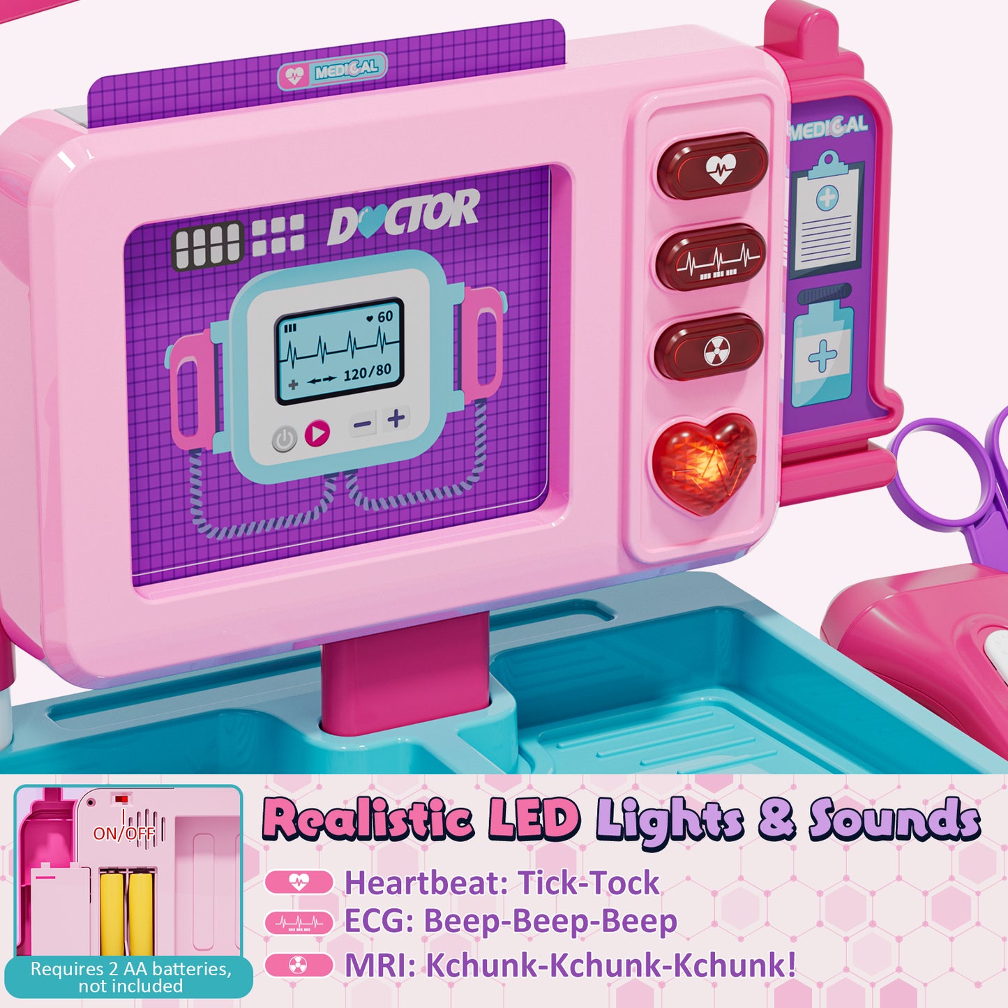 Doctor Kit for Kids with Realistic Light & Sound Effects, Pretend Mobile Medical Station, Role Play Medical Toy - Pink