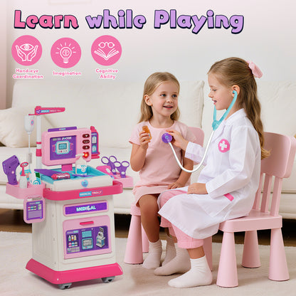 Doctor Kit for Kids with Realistic Light & Sound Effects, Pretend Mobile Medical Station, Role Play Medical Toy - Pink