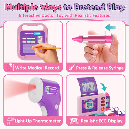 Doctor Kit for Kids with Realistic Light & Sound Effects, Pretend Mobile Medical Station, Role Play Medical Toy - Pink