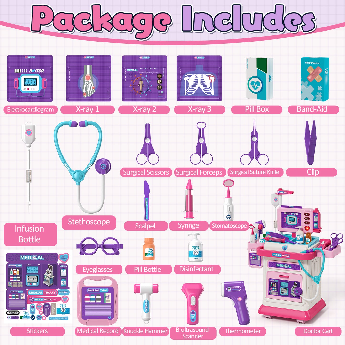 Doctor Kit for Kids with Realistic Light & Sound Effects, Pretend Mobile Medical Station, Role Play Medical Toy - Pink