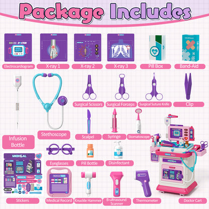 Doctor Kit for Kids with Realistic Light & Sound Effects, Pretend Mobile Medical Station, Role Play Medical Toy - Pink
