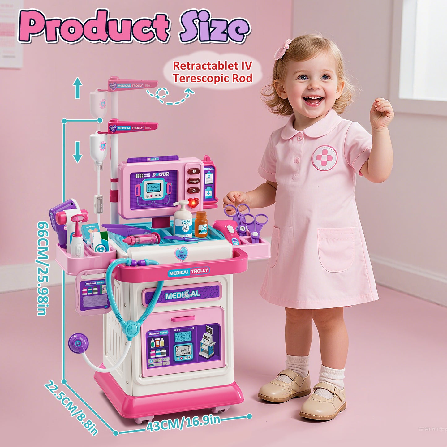 Doctor Kit for Kids with Realistic Light & Sound Effects, Pretend Mobile Medical Station, Role Play Medical Toy - Pink