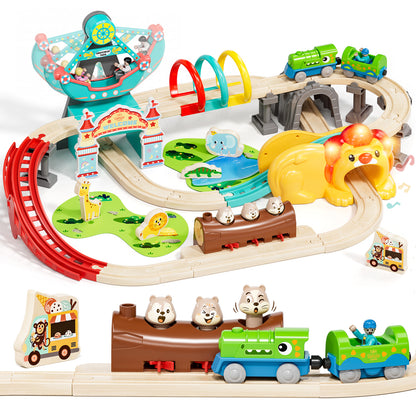 Train Set, Wooden Train Set for Kids, Train Toys for Toddlers, Wooden Train Tracks for Kids 2 3 4 5+ Years Old, Amusement Park Theme B, Great Gift for Boys Girls - Compatible with Other Brands
