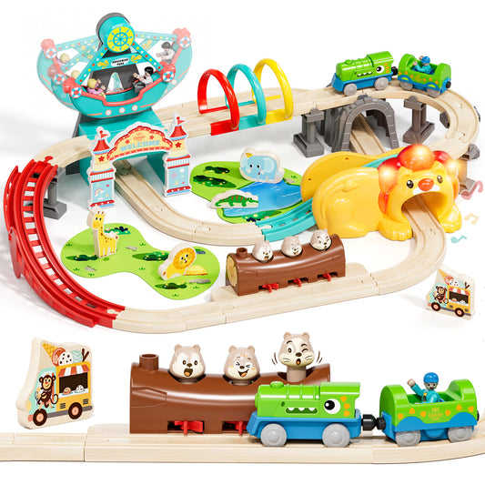 Train Set, Wooden Train Set for Kids, Train Toys for Toddlers, Wooden Train Tracks for Kids 2 3 4 5+ Years Old, Amusement Park Theme B, Great Gift for Boys Girls - Compatible with Other Brands