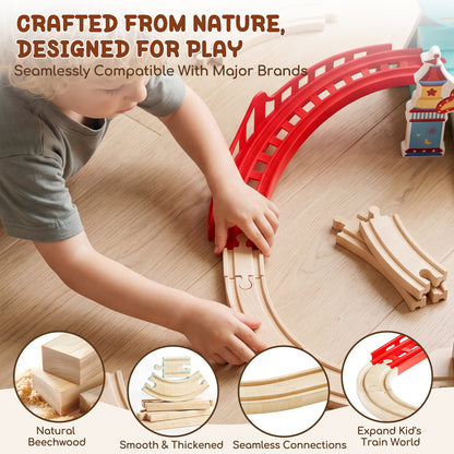 Train Set, Wooden Train Set for Kids, Train Toys for Toddlers, Wooden Train Tracks for Kids 2 3 4 5+ Years Old, Amusement Park Theme B, Great Gift for Boys Girls - Compatible with Other Brands