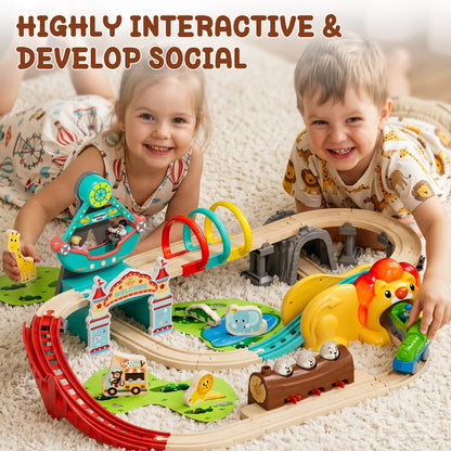 Train Set, Wooden Train Set for Kids, Train Toys for Toddlers, Wooden Train Tracks for Kids 2 3 4 5+ Years Old, Amusement Park Theme B, Great Gift for Boys Girls - Compatible with Other Brands