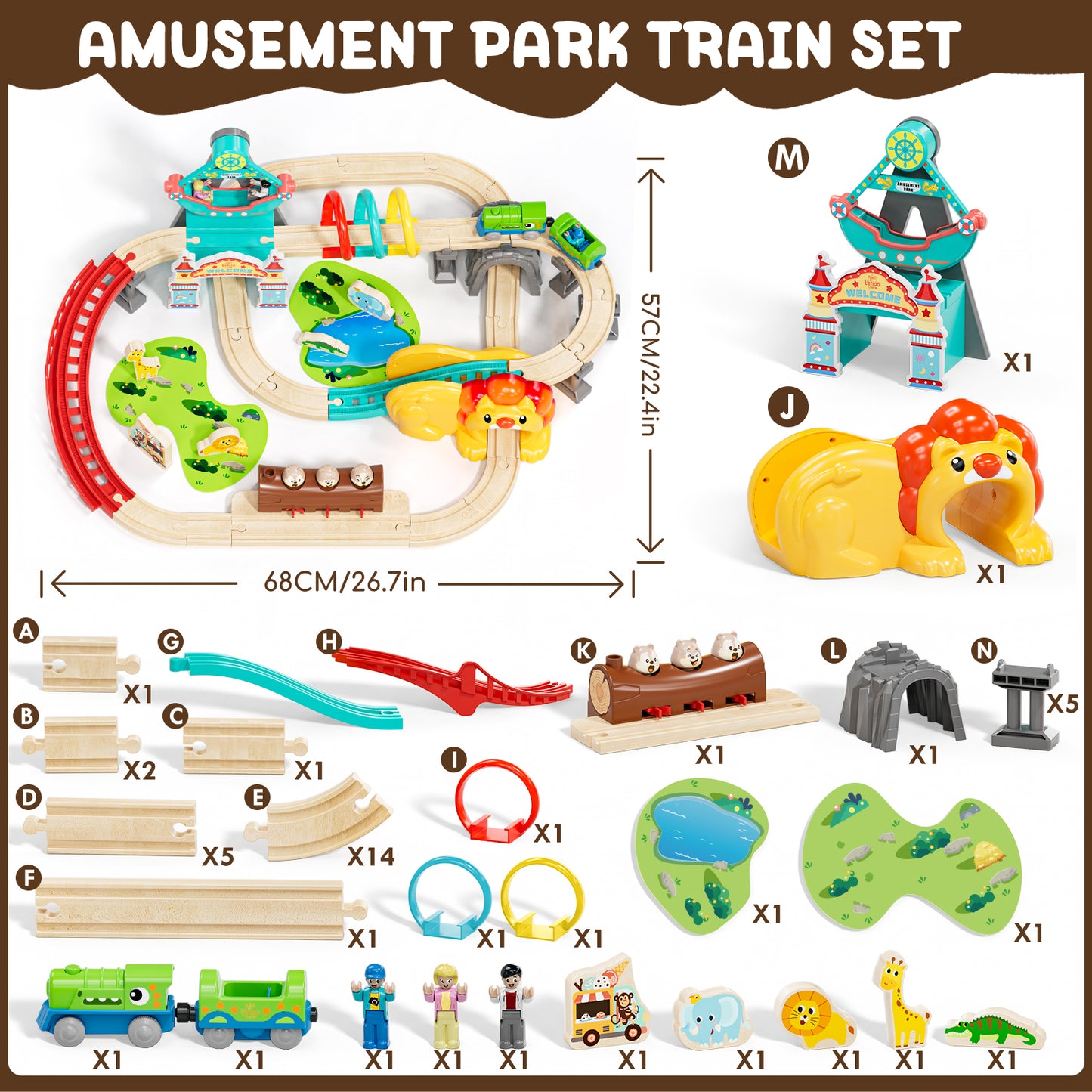 Train Set, Wooden Train Set for Kids, Train Toys for Toddlers, Wooden Train Tracks for Kids 2 3 4 5+ Years Old, Amusement Park Theme B, Great Gift for Boys Girls - Compatible with Other Brands