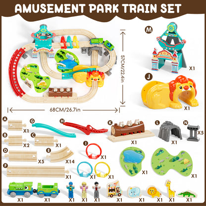 Train Set, Wooden Train Set for Kids, Train Toys for Toddlers, Wooden Train Tracks for Kids 2 3 4 5+ Years Old, Amusement Park Theme B, Great Gift for Boys Girls - Compatible with Other Brands