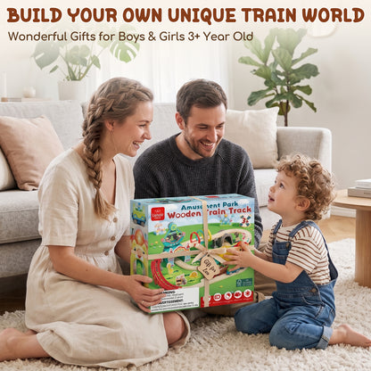 Train Set, Wooden Train Set for Kids, Train Toys for Toddlers, Wooden Train Tracks for Kids 2 3 4 5+ Years Old, Amusement Park Theme B, Great Gift for Boys Girls - Compatible with Other Brands