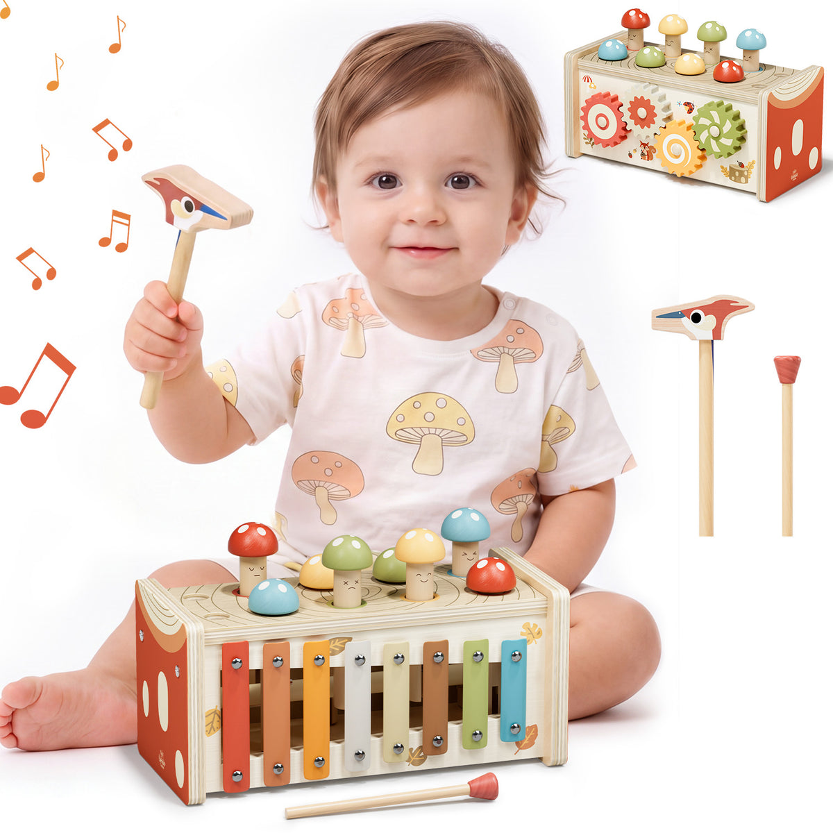 Wooden Montessori Toys for 1 Year Old, Hammering Pounding Toy with Xylophone, Educational Learning Toys, Baby Activity Toys for 1 2 3 Year Old, Preschool Toys, Birthday Gifts (Dinosaur)