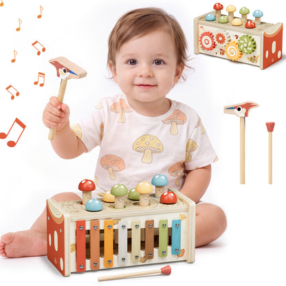 Wooden Montessori Toys for 1 Year Old, Hammering Pounding Toy with Xylophone, Educational Learning Toys, Baby Activity Toys for 1 2 3 Year Old, Preschool Toys, Birthday Gifts (Dinosaur)
