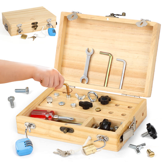 Wooden Montessori Toys for 3 Year Old, Busy Board Toys for 4 5 Year Old, Kid Tool Set for Toddlers, Educational Learning Toys, Screwdriver Board Set with Kinds of Locks & Tools, Gifts for Boys Girls