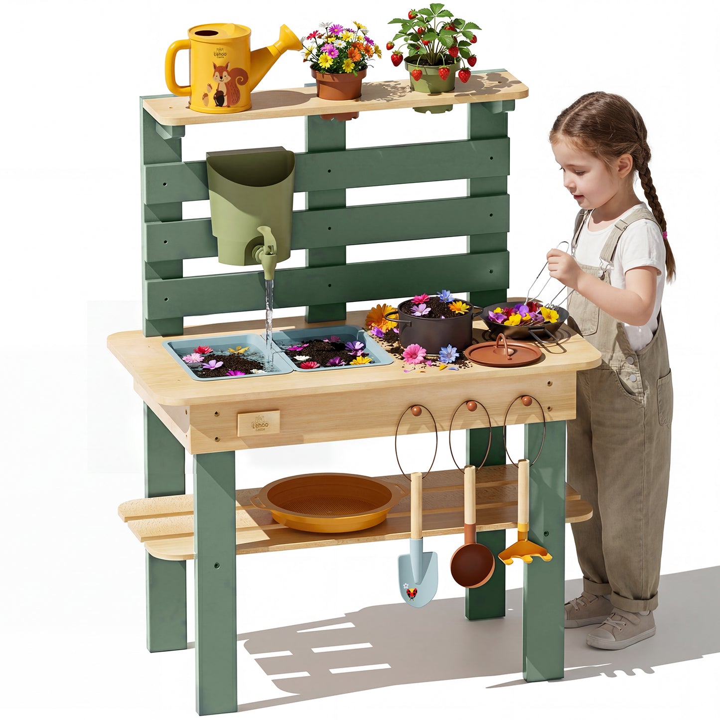 Outdoor Mud Kitchen for Kids, Wooden Play Kitchen with Real Water Play, Cooking Pots, Gardening Tools, Weather-Resistant Design, Storage & Planting Area, Sensory Toy Kitchen for Pretend Play Age 3+