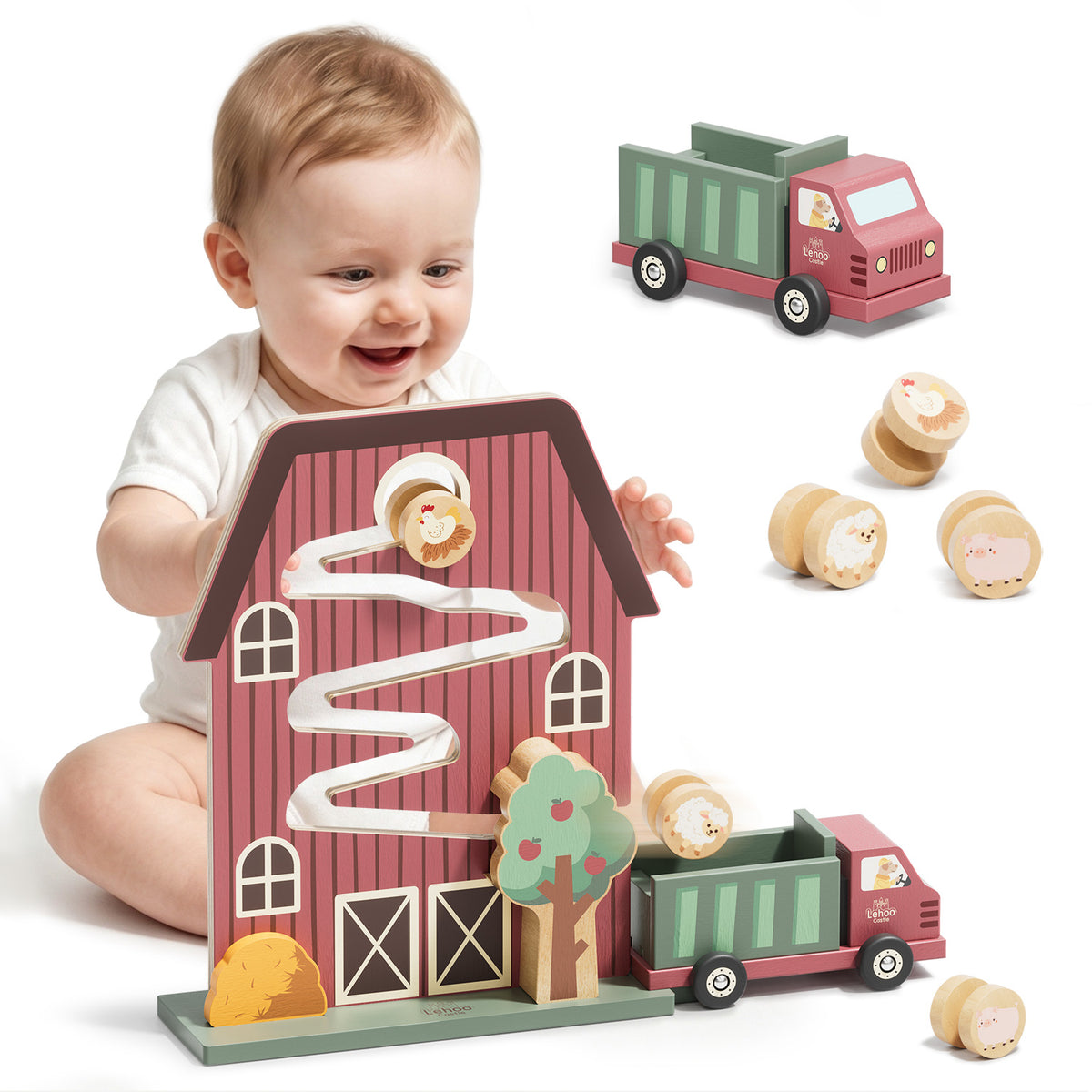 Car Ramp Toys for 2 Year Old, Car Race Track, Farm Barn Wooden Race Track for Toddlers, Toys for 1 Year Old, Montessori Learning Toys, Best Gifts for Baby Boys Girls 1-3