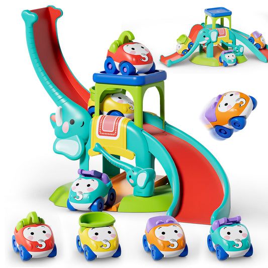 Toys for 1 2 3 Year Old Boy Girl, Toddler Toys, Toy Cars for Toddlers, 5 in 1 Elephant Slide & Parking with 4 Push and Go Toy Cars, Learning Educational Baby Toys for 1+ Year Old Birthday Gifts