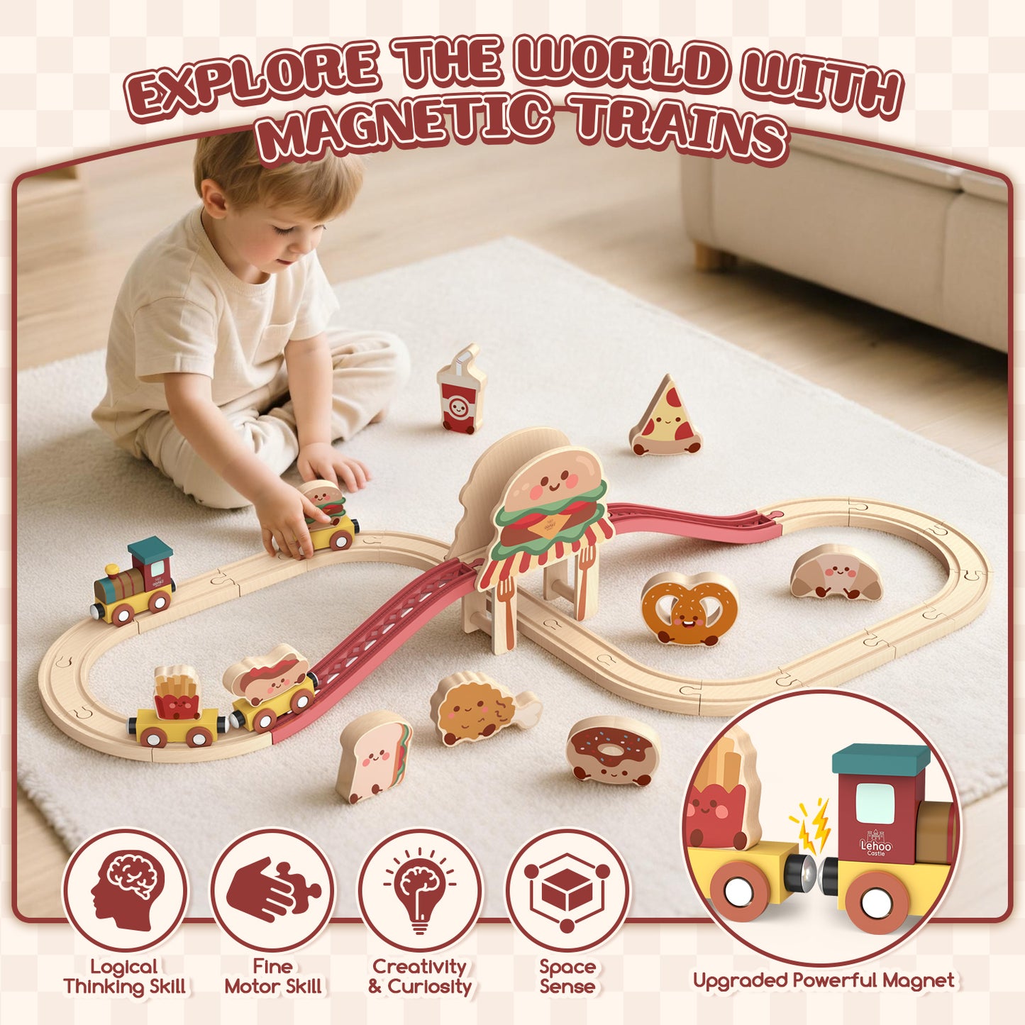 Train Set, Wooden Train Set for Kids, Train Toys for Toddlers, Wooden Train Tracks for Kids 2 3 4 5+ Years Old, Hamburger Pizza Theme, Great Gift for Boys Girls - Compatible with Other Brands