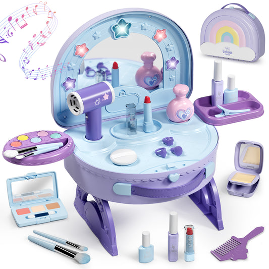 Kids Vanity Sets for Girls, Toddler Portable Vanity Set Makeup Table for Kids, Girls Vanity with Mirror & Lights & Music & Pretend Cosmetics & Hair Dryer, Toddler Toys for 2-5 Year Old Girls