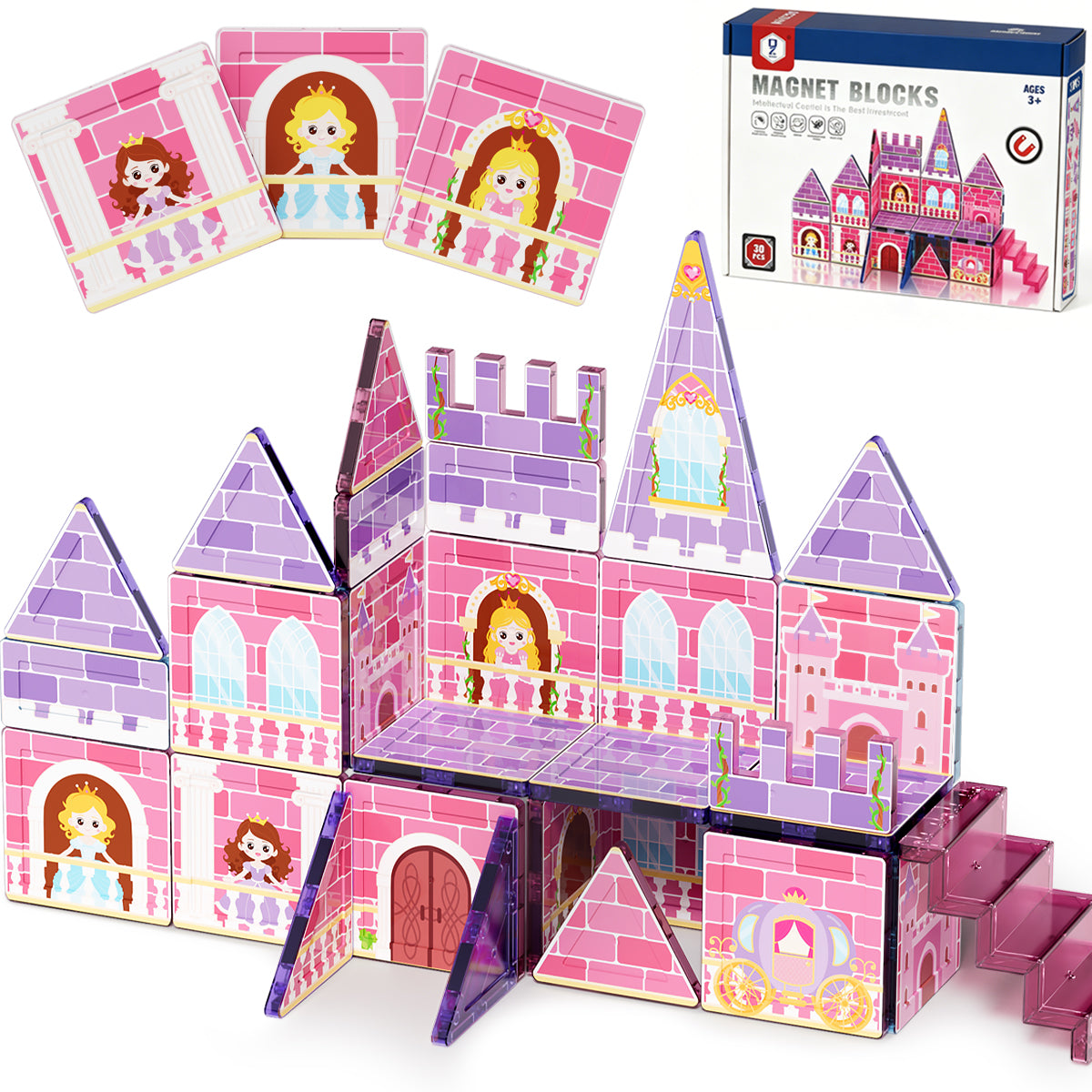 Magnetic Tiles, Princess Theme 30 PCS Magnetic Blocks, Montessori Learning Toys for 3 to 4 Year, Magnetic Construction Toys for Toddlers 3-6 Years Old, Educational Toys for Boys Girls