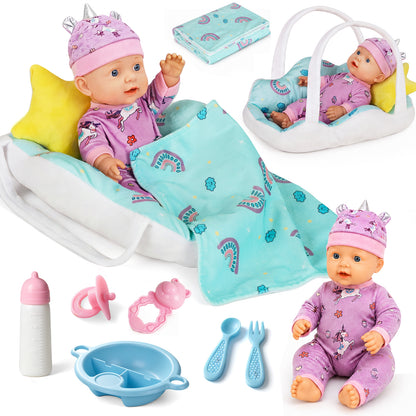12" Baby Doll Set with Carrier Bassinet Bed, Unicorn Theme Realistic Baby Doll Toys with Pillow, Clothes & Feeding Kit, Pretend Play Set Interactive Role Play Toy Gift for Boys Girls 3+ Years Old