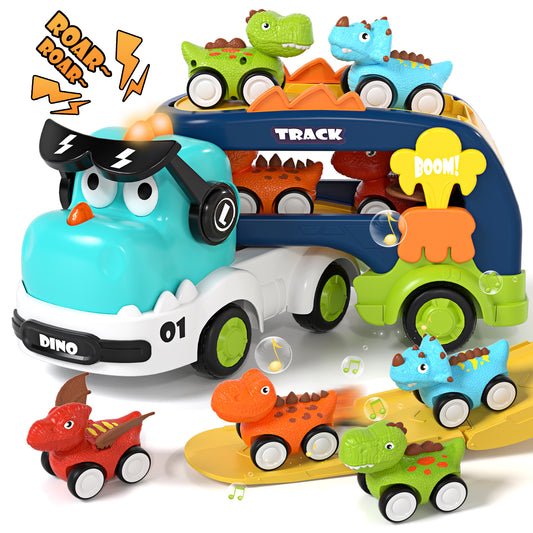 Toddler Toys for Boys 2 3 4 5+ Years Old, Dinosaur Toy Cars with Lights & Sounds, Toy Trucks Car for Boys, Pull Back Cars Baby Toys, 5 in 1 Car Carrier Truck Toy Sets, Best Birthday Christmas Gifts