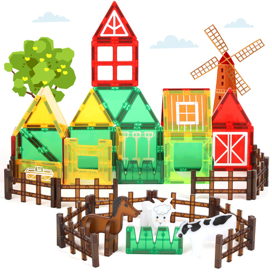 Magnetic Tiles, Farm Animals Theme 46 PCS Magnetic Blocks, Montessori Learning Toys for 3 to 4 Year, Magnetic Construction Toys for Toddlers 3-6 Years Old, Educational Toys for Boys Girls