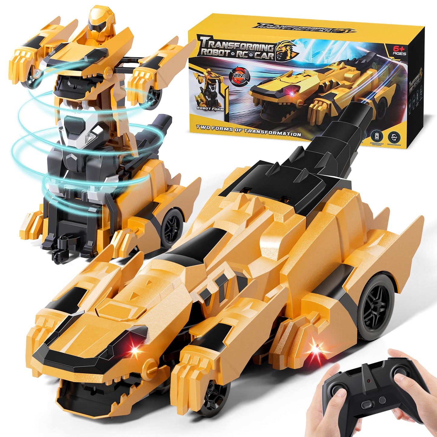 Remote Control Cars, Dinosaur Transform RC Cars, Transforming Toys with Cool Light, 360° Rotation One Button Deformation Car Toy, Birthday Gifts for Boys 5-7 8-12 Years Old