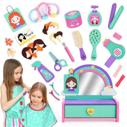 Kids Vanity Sets for Girls, Toddler Vanity Set, 32 PCS Wooden Kids Hair Salon Playset, Hairdressing Pretend Playset, Barber Pretend Hair Styling Set with Apron/Hair Dryer/Hair Accessories for Age 3+