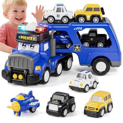 Toys for 2 Year Old Boy, Police Truck Toys Cars with Lights & Sounds, Toy Trucks Car for Boys 2 3 4 5 Years Old, 5 in 1 Toddler Carrier Truck Toy with 4 Pull Back Cars, Best Birthday Christmas Gifts