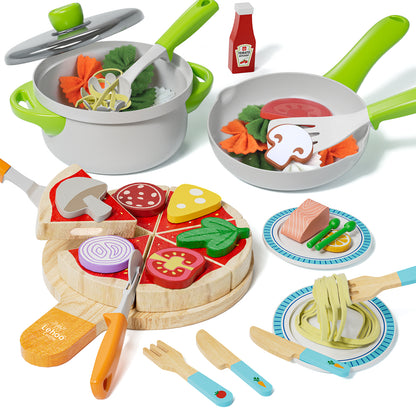 Play Food, Wooden Play Food Set for Kids, Play Kitchen, Kids Cutting Pretend Play Pizza Fake Food Toys for 3 4 5 6 7 Years, Girls Boys Toddlers Educational Toys