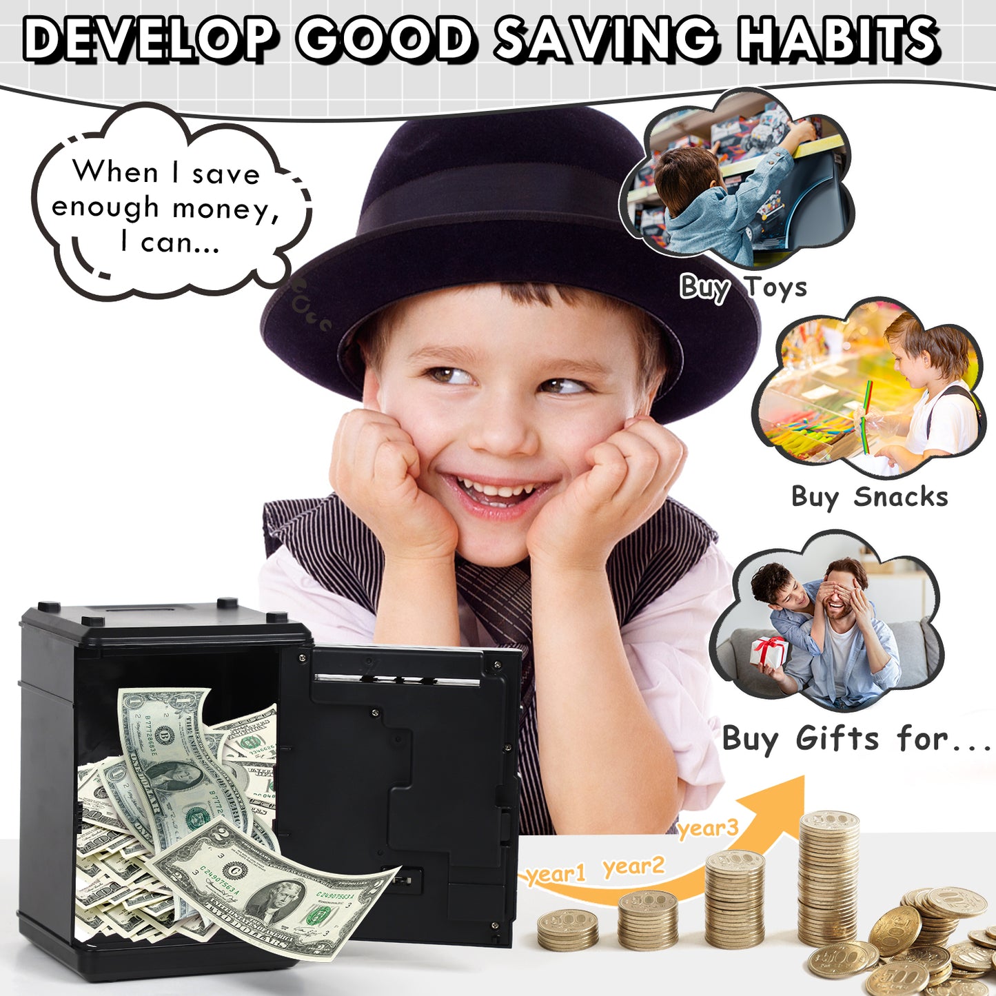 Piggy Banks for Kids, Money Bank, Piggy Bank for Boys Girls, Electronic Password Cash Coin Can ATM Bank with Auto Grab Bill Slot, Money Coin Saving Box for Kids, Perfect Gifts for Boys Girls