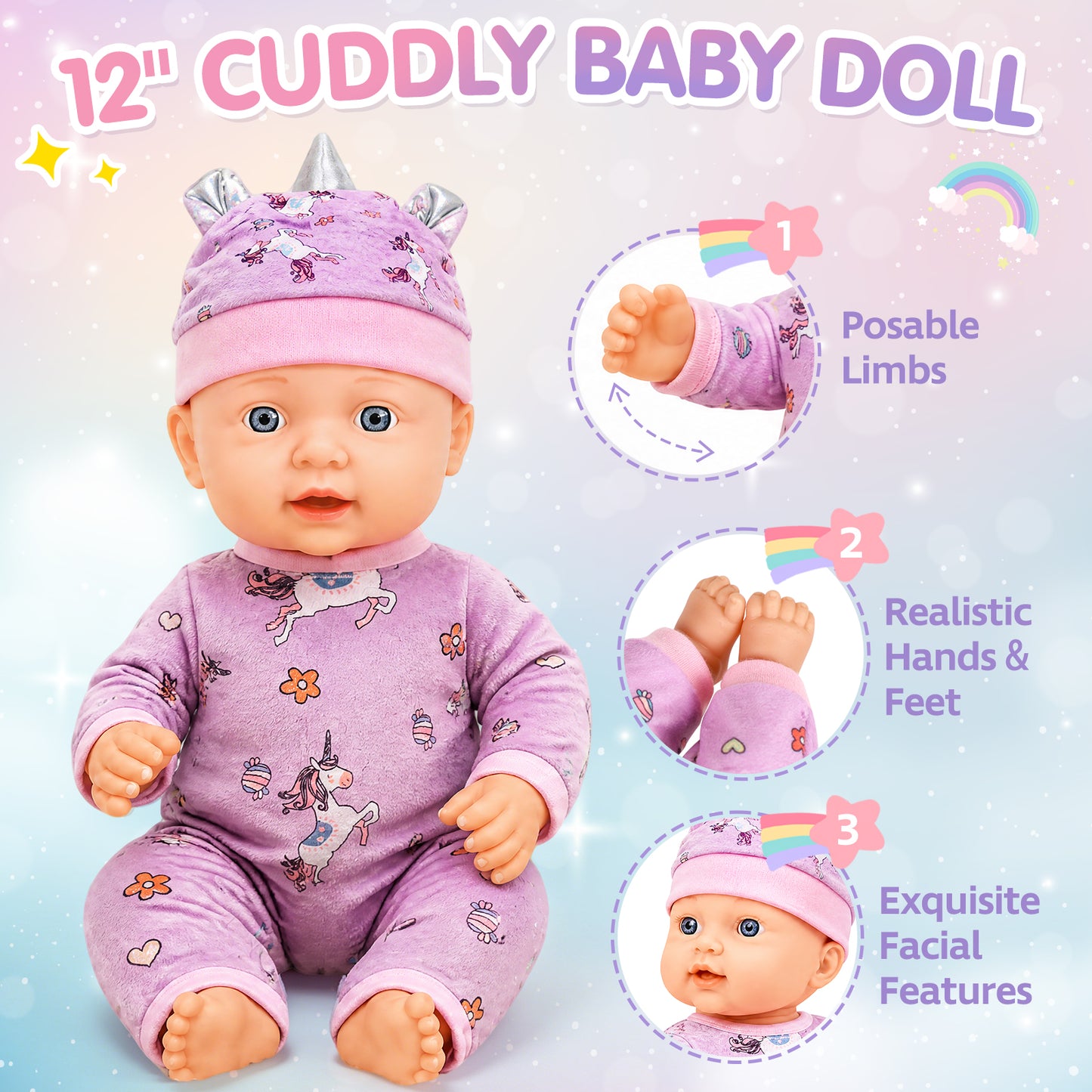 12" Baby Doll Set with Carrier Bassinet Bed, Unicorn Theme Realistic Baby Doll Toys with Pillow, Clothes & Feeding Kit, Pretend Play Set Interactive Role Play Toy Gift for Boys Girls 3+ Years Old