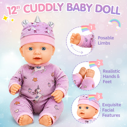 12" Baby Doll Set with Carrier Bassinet Bed, Unicorn Theme Realistic Baby Doll Toys with Pillow, Clothes & Feeding Kit, Pretend Play Set Interactive Role Play Toy Gift for Boys Girls 3+ Years Old