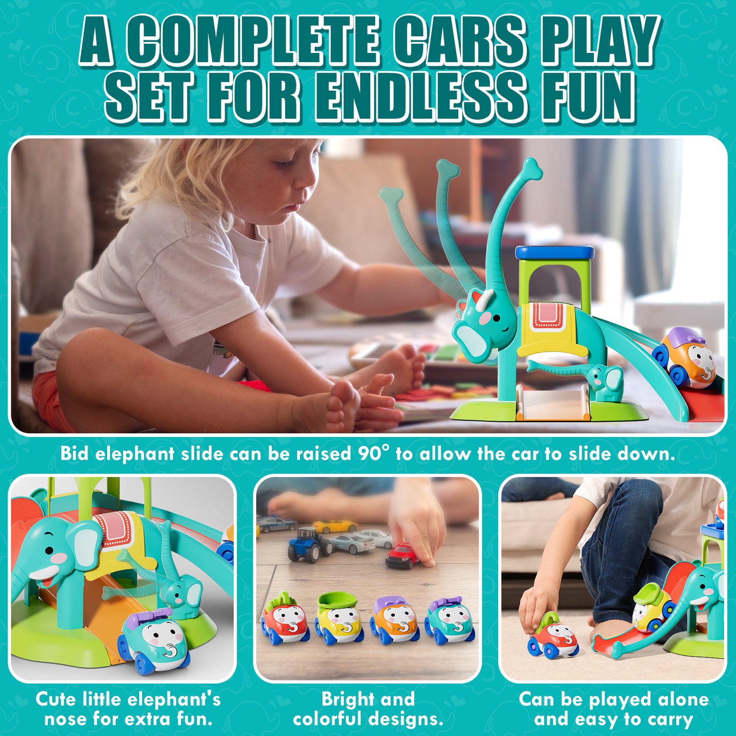 Toys for 1 2 3 Year Old Boy Girl, Toddler Toys, Toy Cars for Toddlers, 5 in 1 Elephant Slide & Parking with 4 Push and Go Toy Cars, Learning Educational Baby Toys for 1+ Year Old Birthday Gifts
