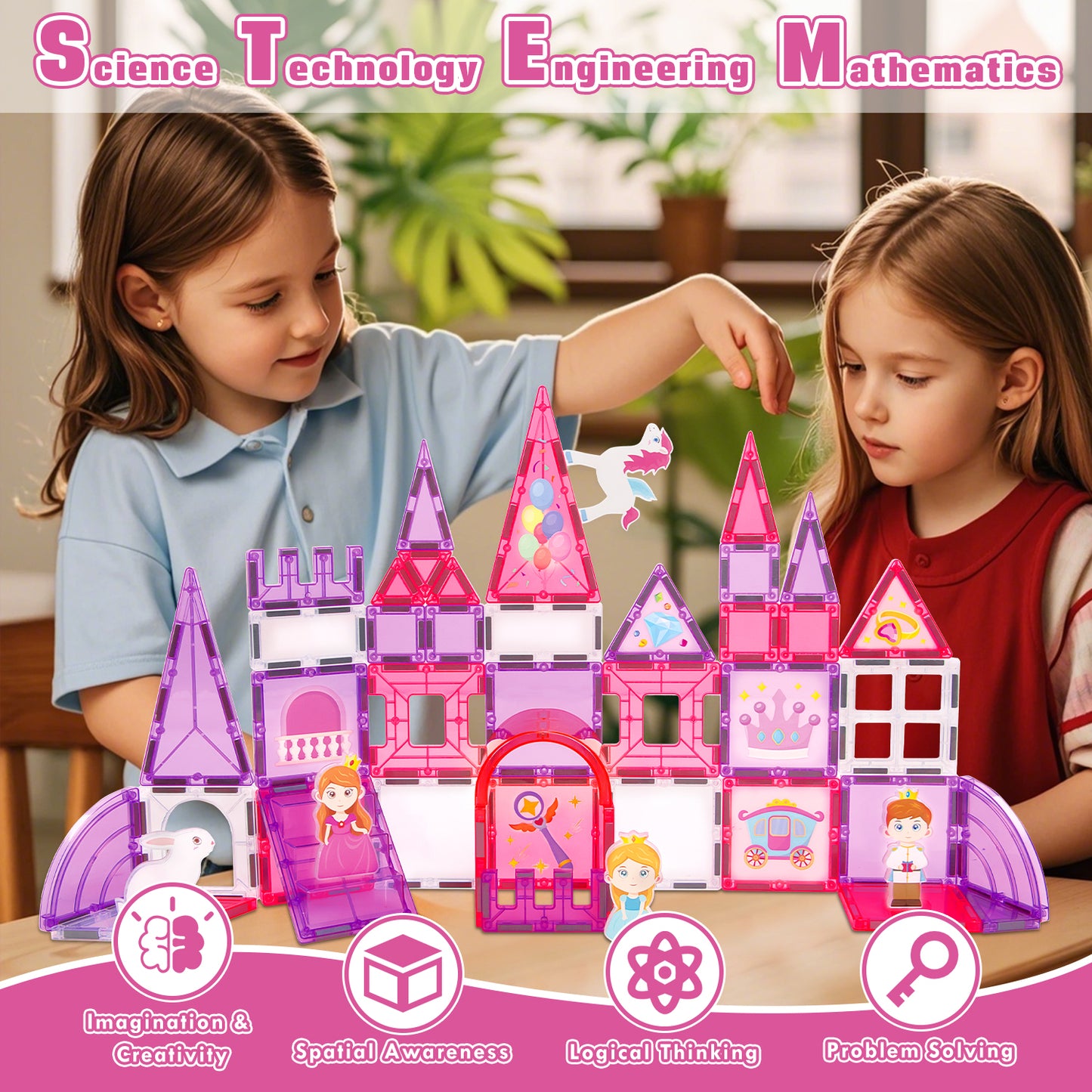 Magnetic Tiles, Princess Theme 58 PCS Magnetic Blocks, Montessori Learning Toys for 3 to 4 Year, Magnetic Construction Toys for Toddlers 3-6 Years Old, Educational Toys for Boys Girls