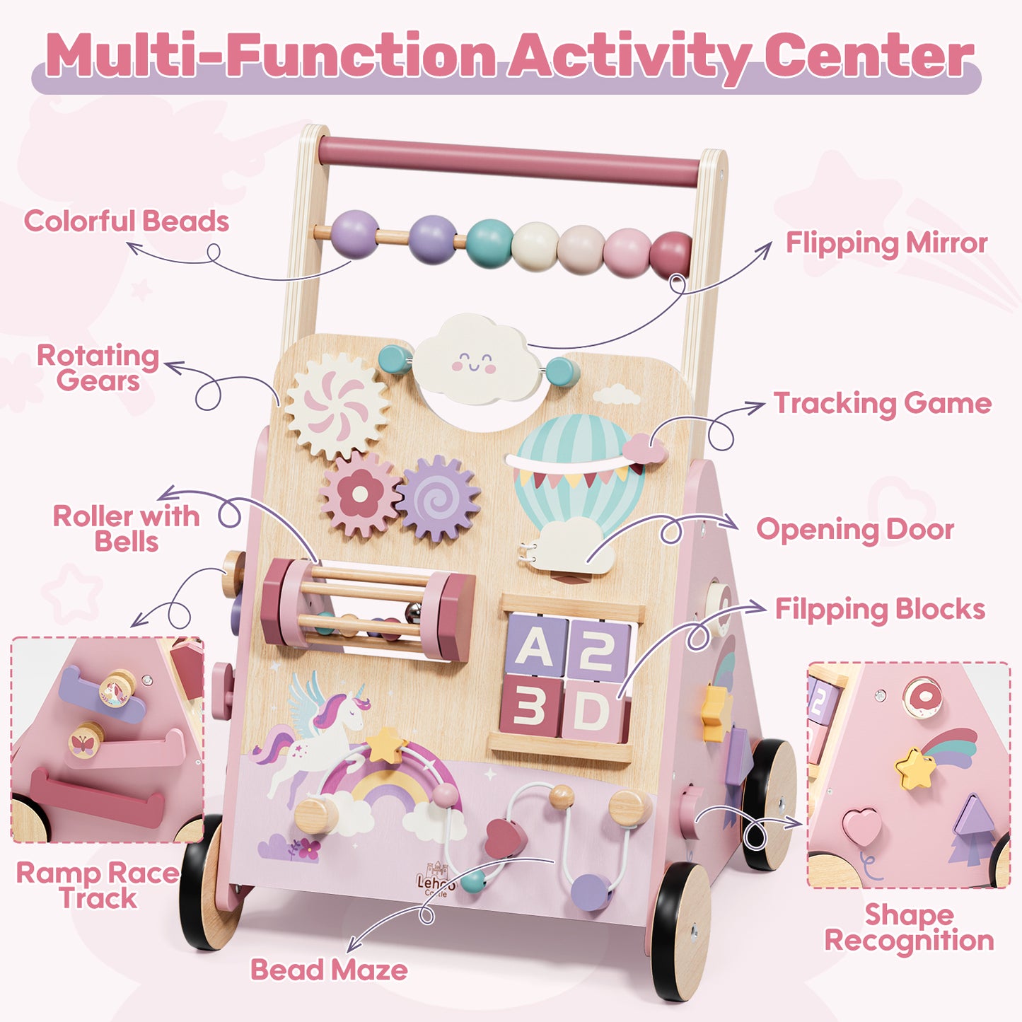 Baby Push Walker, Wooden Baby Walking Toys for 1 Year Old, Adjustable Speed Walker for Baby Boy Girls, Unicorn Toddler Walker, Montessori Walker Toy, Sit to Stand Walker with Baby Activity Center