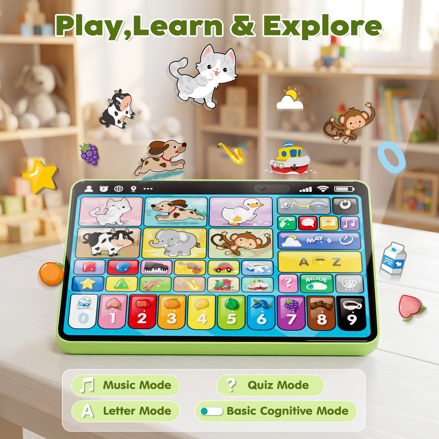 Learning Toys Tablet for Toddlers 1-3, Montessori Toys with Music & Sound, 3 Language Educational Toys, Speech Musical Toys, Early Development Gift for Boys Girls 1 2 3 Years Old (Green)