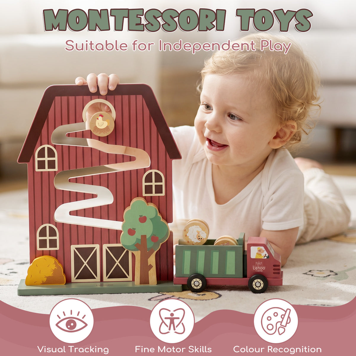 Car Ramp Toys for 2 Year Old, Car Race Track, Farm Barn Wooden Race Track for Toddlers, Toys for 1 Year Old, Montessori Learning Toys, Best Gifts for Baby Boys Girls 1-3
